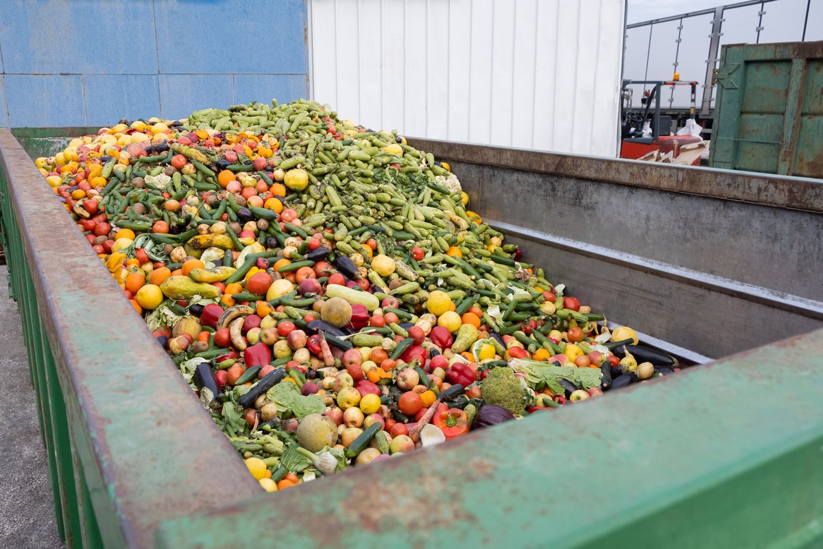 Deșeuri alimentare din legume și fructe în container colectat separat