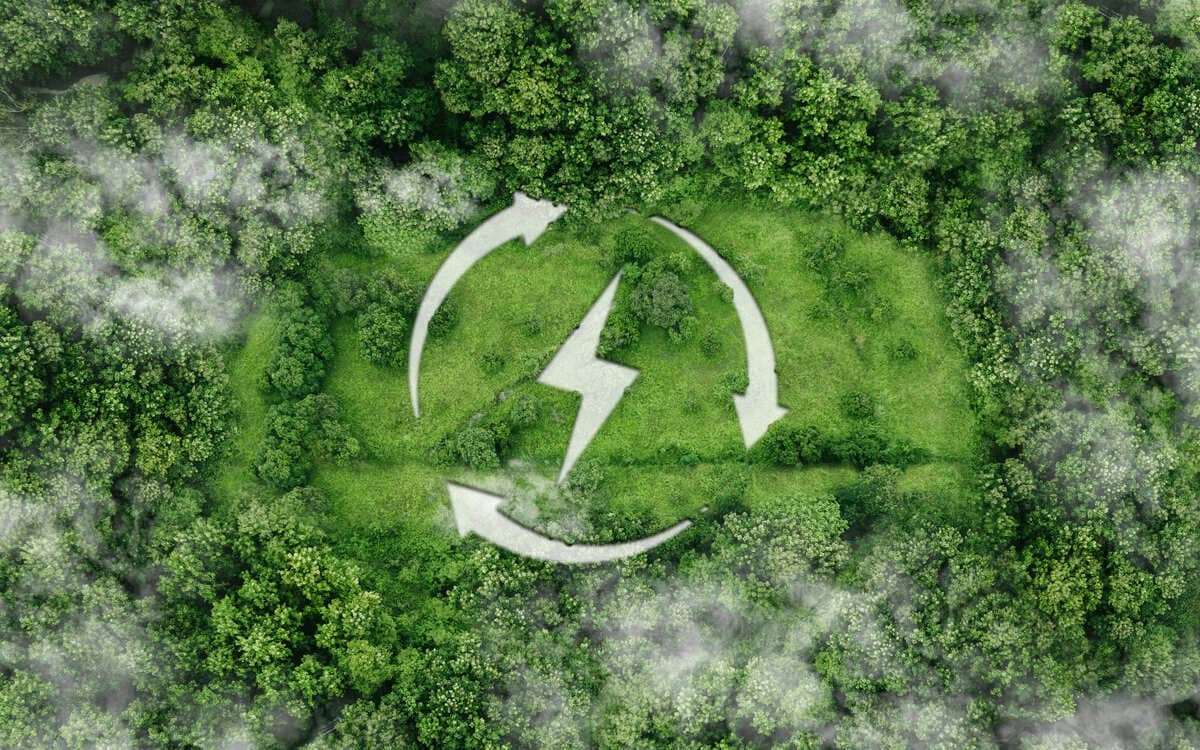 Simbol reciclare energie verde în mijlocul pădurii, sustenabilitate și regenerare