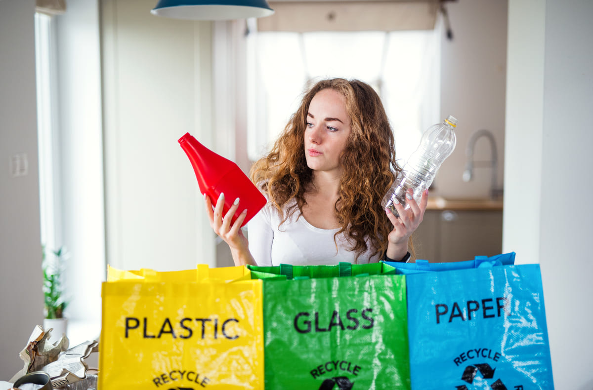 femeie sorteaza deseuri plastic si sticla in saci colorati reciclare